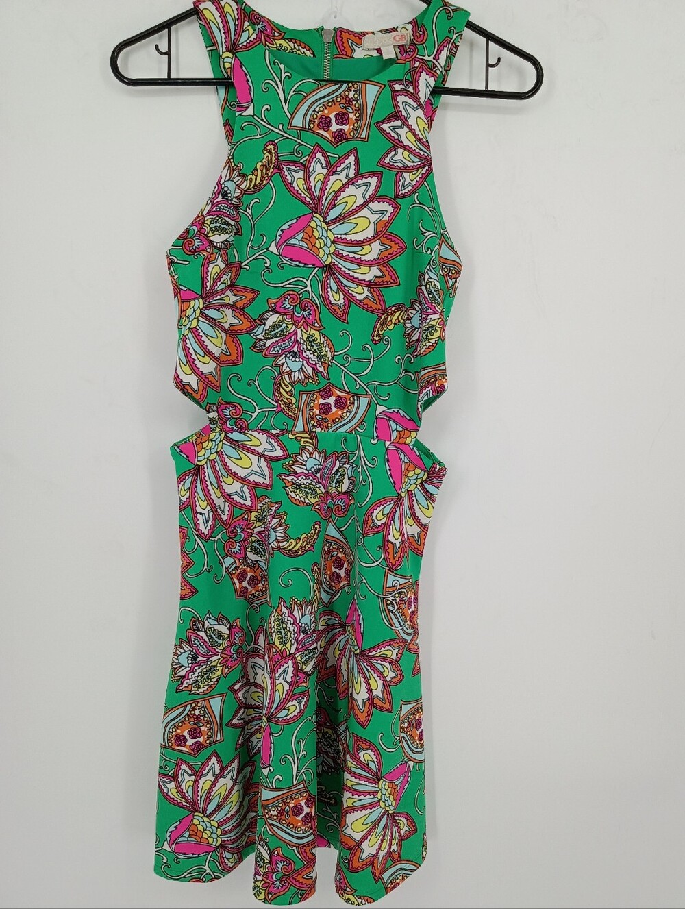 Gianni Bini Green Floral Cutout Dress with Pink Accents